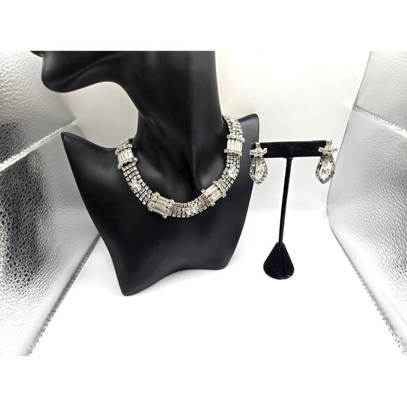 Vintage 1950s Clear Rhinestone Bib Necklace & Screwback Earrings Set Glam - Picture 2 of 9